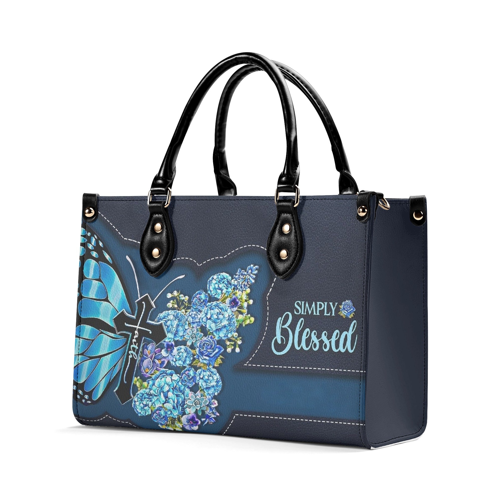 Simply Blessed Blue Butterfly Flower Leather Bag, Custom Name Bags, Jesus christian Bags. BLAF02